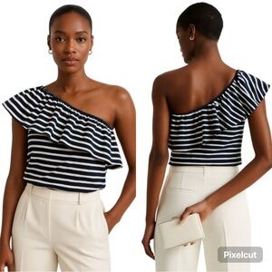 NWT (FLAWED) J. Crew One-Shoulder Ruffle Horizontal Striped Top Size X-Small